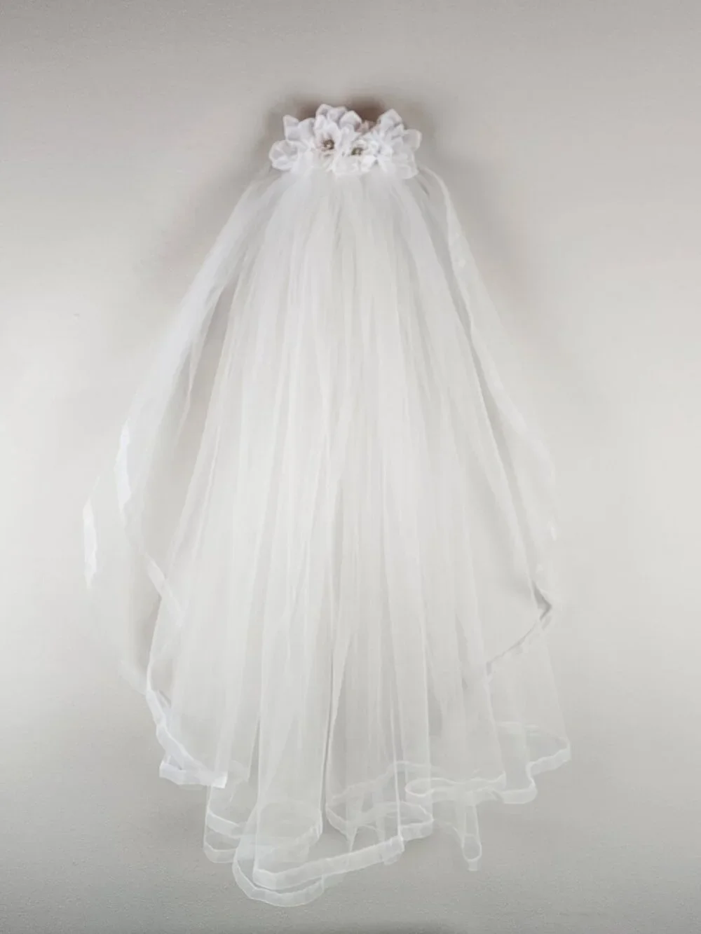 Vintage White Tulle Double Layer Wedding Bridal Veil w/ White Roses Rhinestones